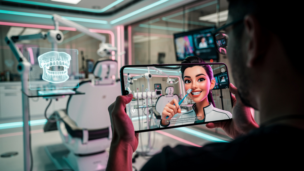 Tendências de Automação Instagram para 2026 — Um influenciador virtual 3D estilizado, com traços marcantes e design moderno, dando um conselho de saúde bucal através de um vídeo no Instagram. Ao fundo