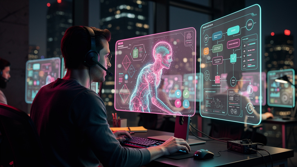 Tendências de IA para Empresas: Automação Inteligente em 2024 — Um agente de IA, visualizado como uma interface holográfica amigável, ajudando um atendente de suporte ao cliente a resolver um problema