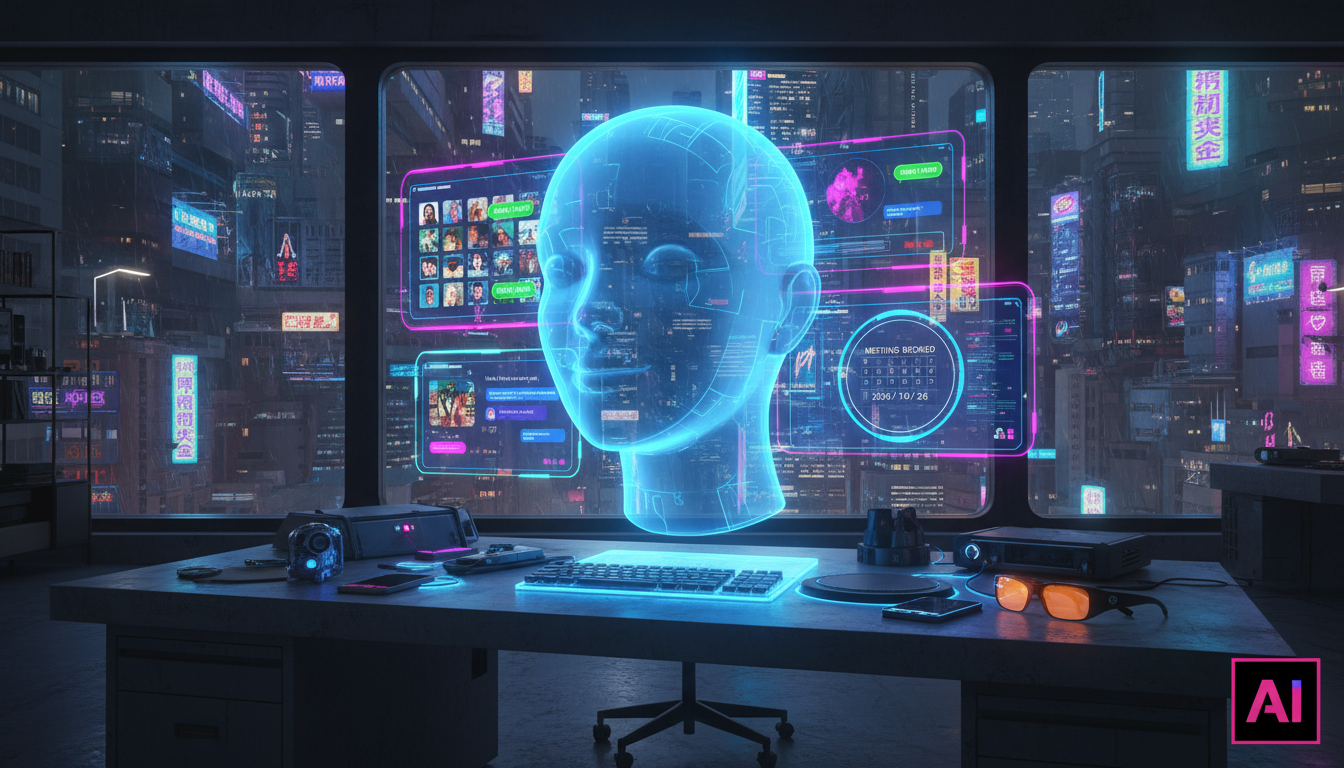 Tendências de IA para Instagram Business em 2026 — Um agente de IA, visualizado como uma interface holográfica amigável, gerenciando múltiplas conversas no Instagram em tempo real. A tela mostra notif