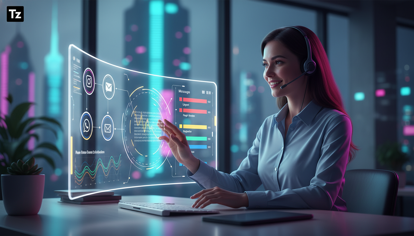 Tendências de IA para Instagram Business em 2026 — Um atendente de suporte ao cliente, com um headset, sorri enquanto observa um painel omnichannel que integra DMs do Instagram, WhatsApp e e-mail, tud