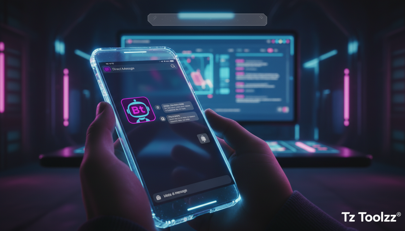 Tendências de IA para Instagram em 2026 — Um close-up de um smartphone mostrando uma conversa de DM no Instagram. O chatbot, com o avatar de um robô amigável estilizado com as cores da Toolzz, está re