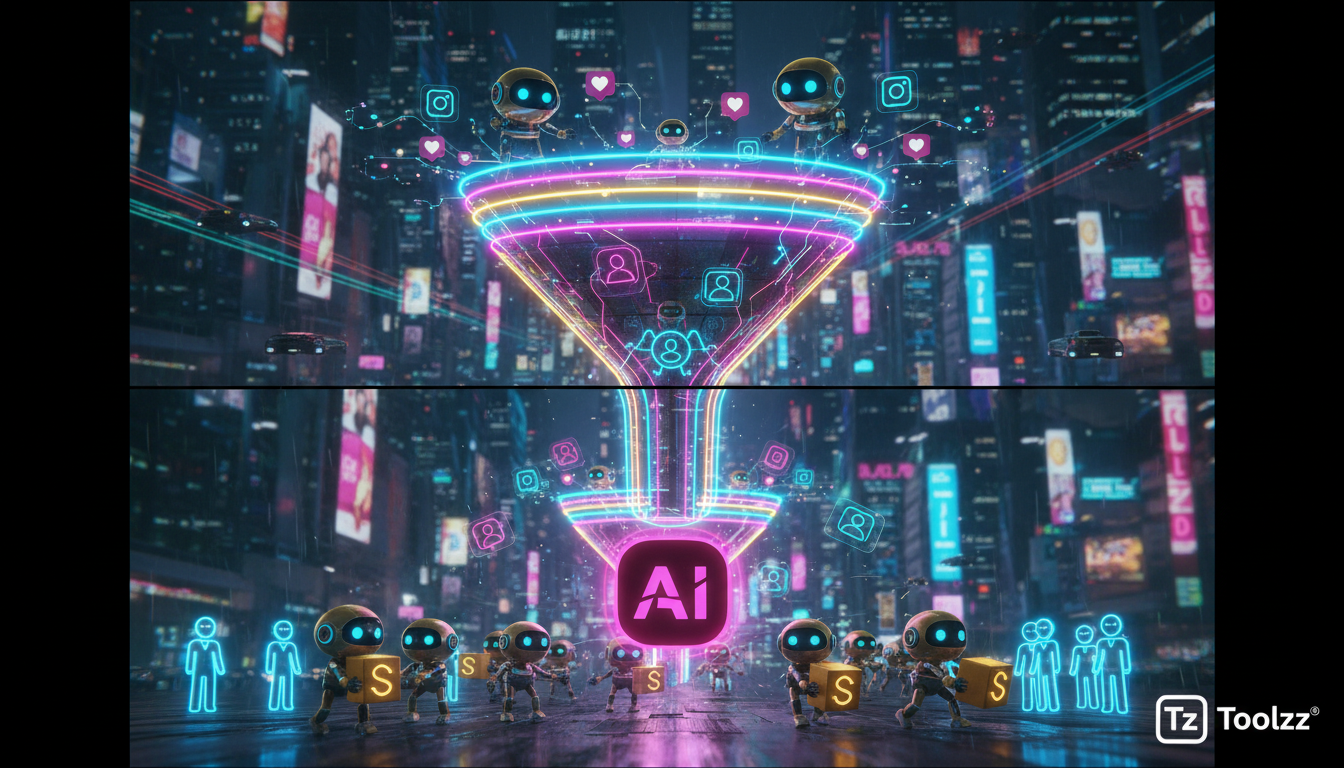 Tendências de IA para Instagram em 2026 — Um funil de vendas estilizado, com cores vibrantes e elementos gráficos que representam as etapas da jornada do cliente no Instagram. Agentes de IA, represent