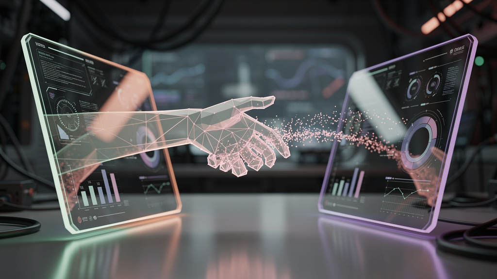 Tendências Emergentes de Agentes de IA para os Próximos Anos — Close-up de dois agentes de IA representados como interfaces gráficas minimalistas (não humanóides) trocando dados através de um protocol