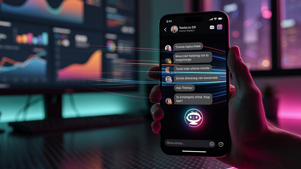 Tendências emergentes de Automação de Marketing em 2026 — Close-up de um smartphone mostrando uma DM do Instagram sendo respondida instantaneamente por um agente de IA. A interface da DM exibe o logo 
