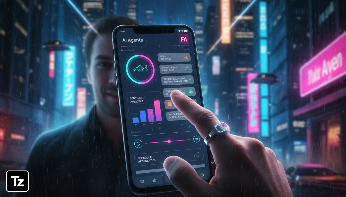 Tendências emergentes de Automação Instagram em 2026 — Um close-up de um smartphone exibindo um dashboard de agente de IA da Toolzz. O dashboard mostra gráficos de engajamento, análise de sentimentos 
