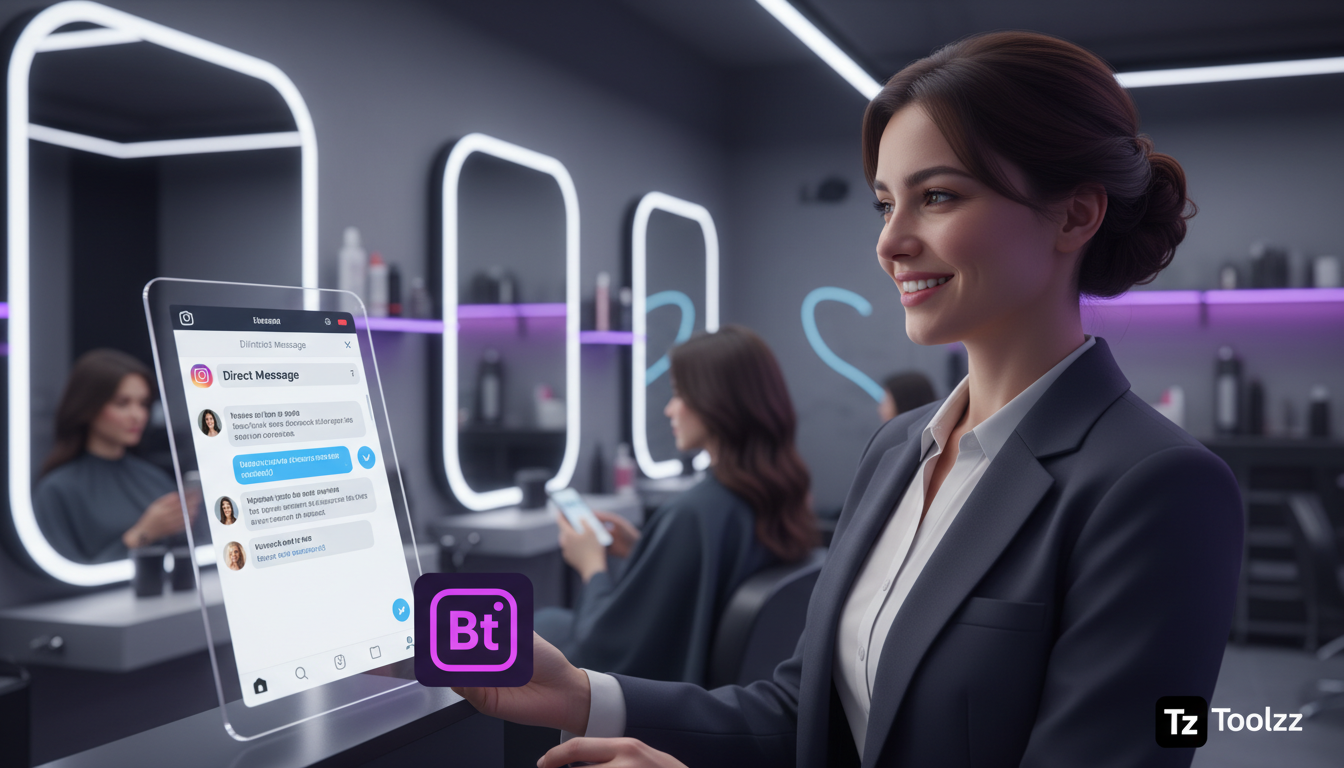 Tendências Emergentes de Chatbot Instagram DM Automática em 2026 — Uma recepcionista de um salão de beleza atendendo um cliente pessoalmente enquanto, simultaneamente, um chatbot Toolzz responde a div