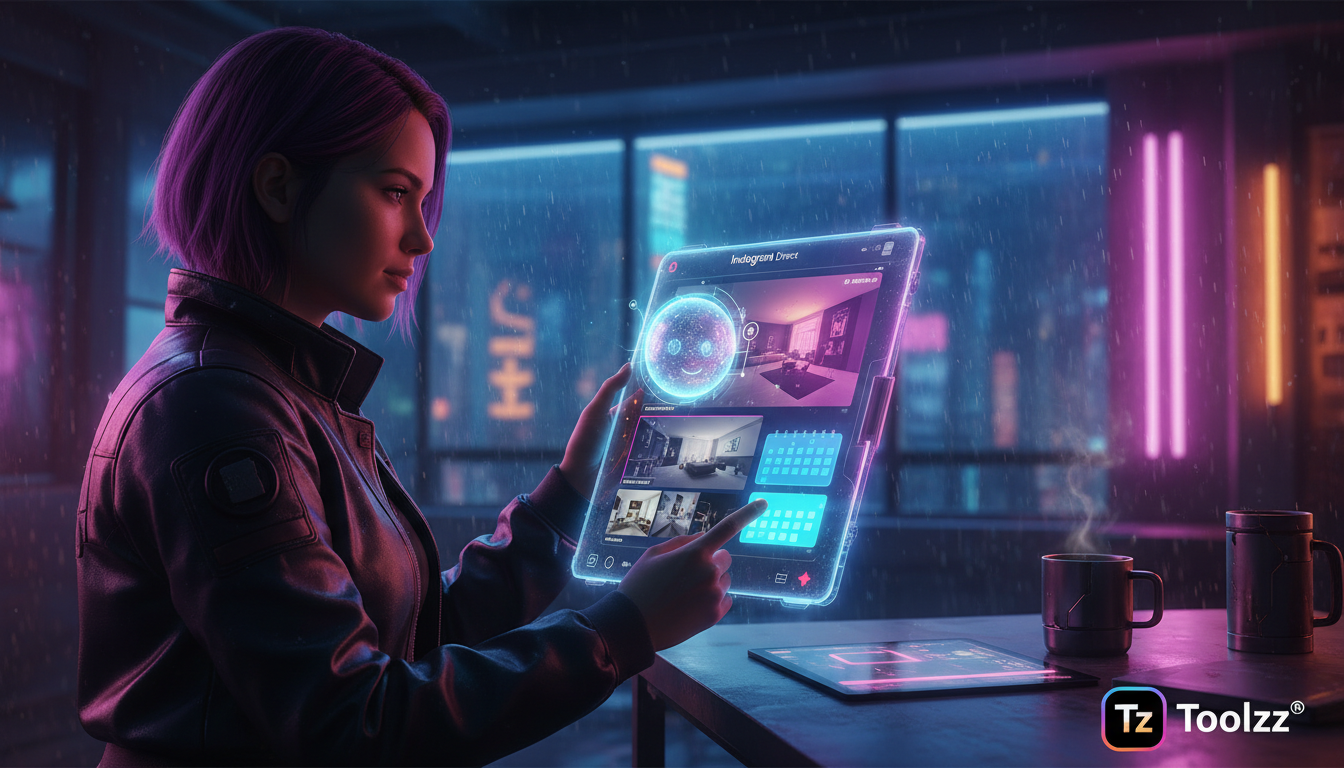 Tendências emergentes de IA para Instagram Business em 2026 — Um agente de IA, visualizado como uma interface holográfica amigável, interagindo com um cliente potencial no Direct do Instagram. O agent