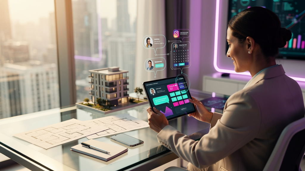 Tendências emergentes de IA para Instagram em 2026 — Um agente imobiliário em um escritório moderno e ensolarado, interagindo com um tablet que exibe um painel de controle de IA. O painel mostra dados