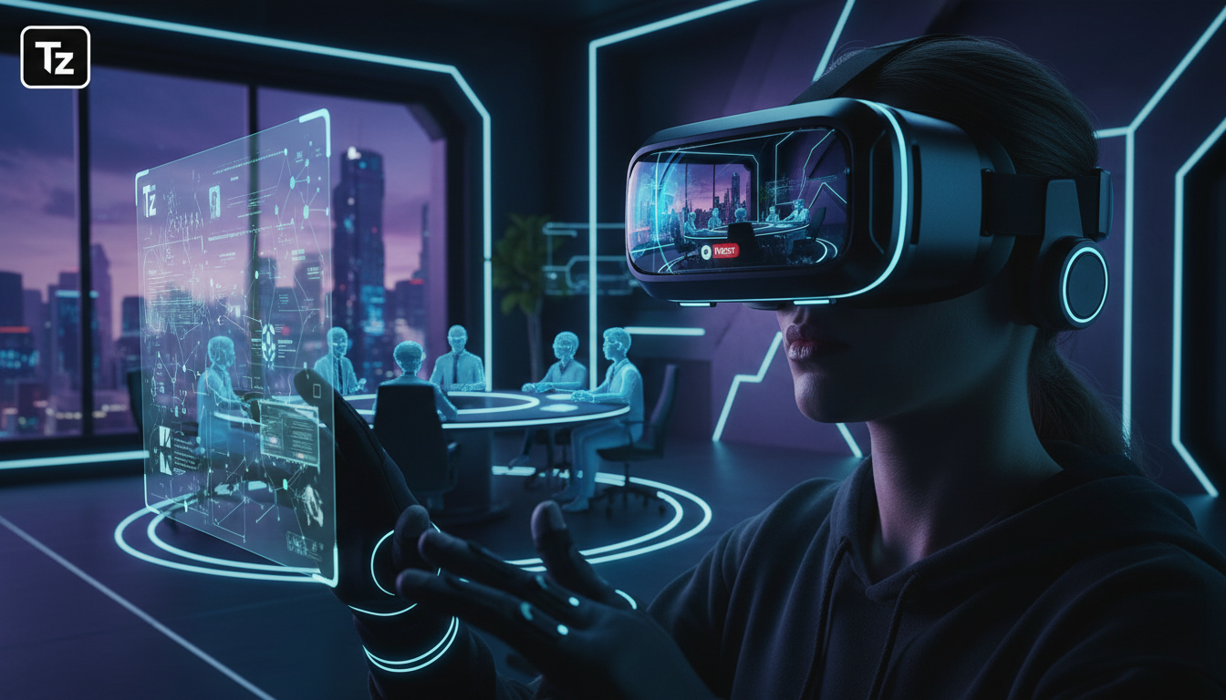 Tendências emergentes de Integração Google Meet para 2026 — Uma pessoa usando óculos de realidade virtual em um ambiente de escritório simulado. A interface do Google Meet está integrada ao ambiente v