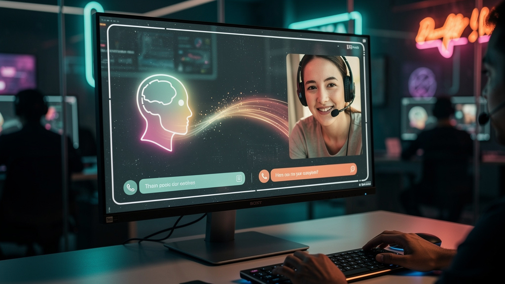 Tendências Emergentes de Transferência IA para Humano para 2026 — Um close-up de um chatbot em uma tela, mostrando a transição suave da interação da IA para um agente humano. A janela de chat exibe um