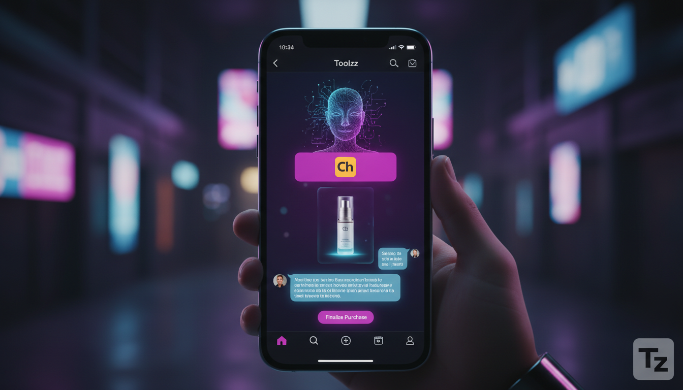 Tendências emergentes de vendas no Instagram em 2026 — Close-up de um smartphone mostrando um chatbot inteligente da Toolzz respondendo instantaneamente às perguntas de um cliente sobre um produto de 