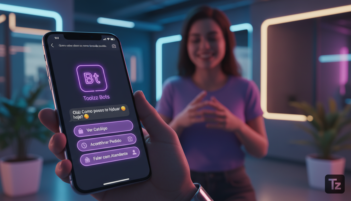 Tendências emergentes de Vendas no Instagram em 2026 — Um close-up vibrante de uma tela de smartphone mostrando uma conversa no Instagram Direct. Um chatbot com o logo da Toolzz responde instantaneame
