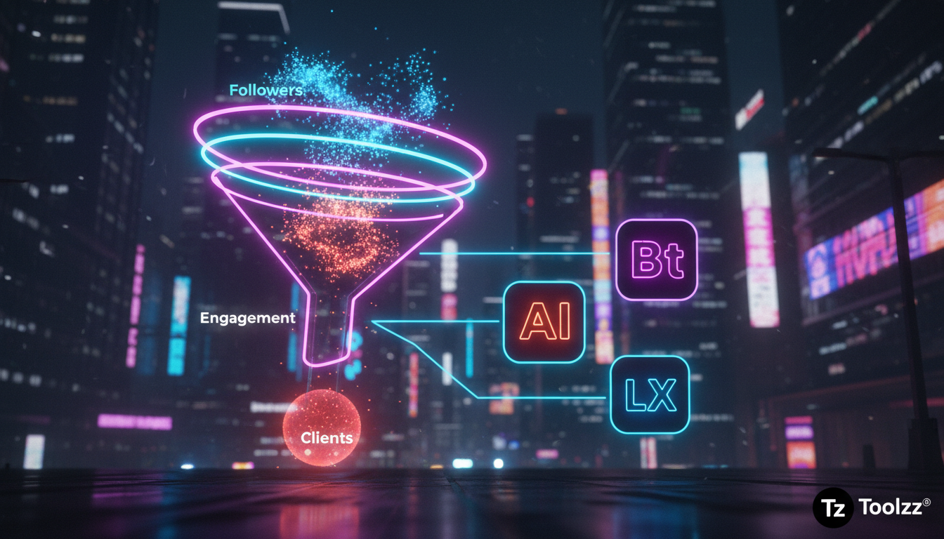 Tendências emergentes de vendas no Instagram em 2026 — Um diagrama infográfico dividido em duas partes (superior e inferior para carrossel). Parte superior: Um funil de vendas do Instagram, mostrando 
