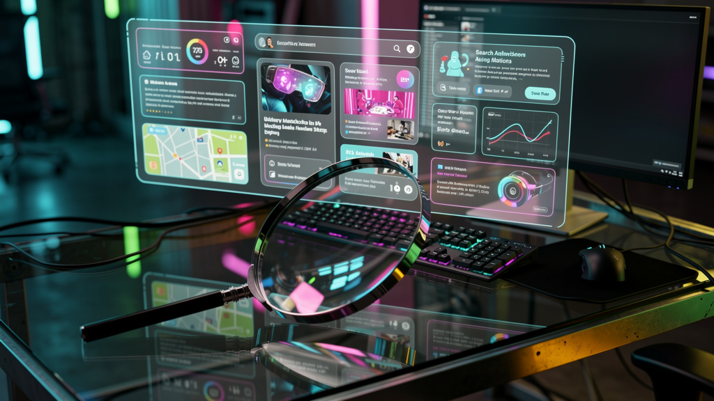 Tendências emergentes de Zero Click Search em 2026 — Ilustração digital de uma lupa estilizada sobreposta a uma página de resultados de busca (SERP) cheia de 'featured snippets' e painéis de conhecime