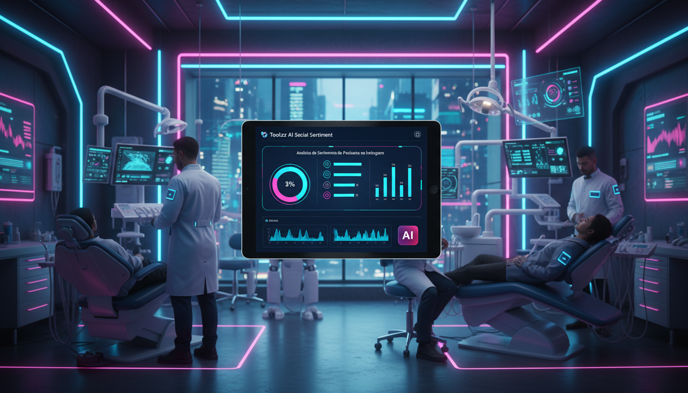 Tendências futuras de Agente IA Social Media para 2026 — Uma clínica odontológica moderna e movimentada, vista através da tela de um tablet. No tablet, um dashboard da Toolzz AI mostra a análise de se