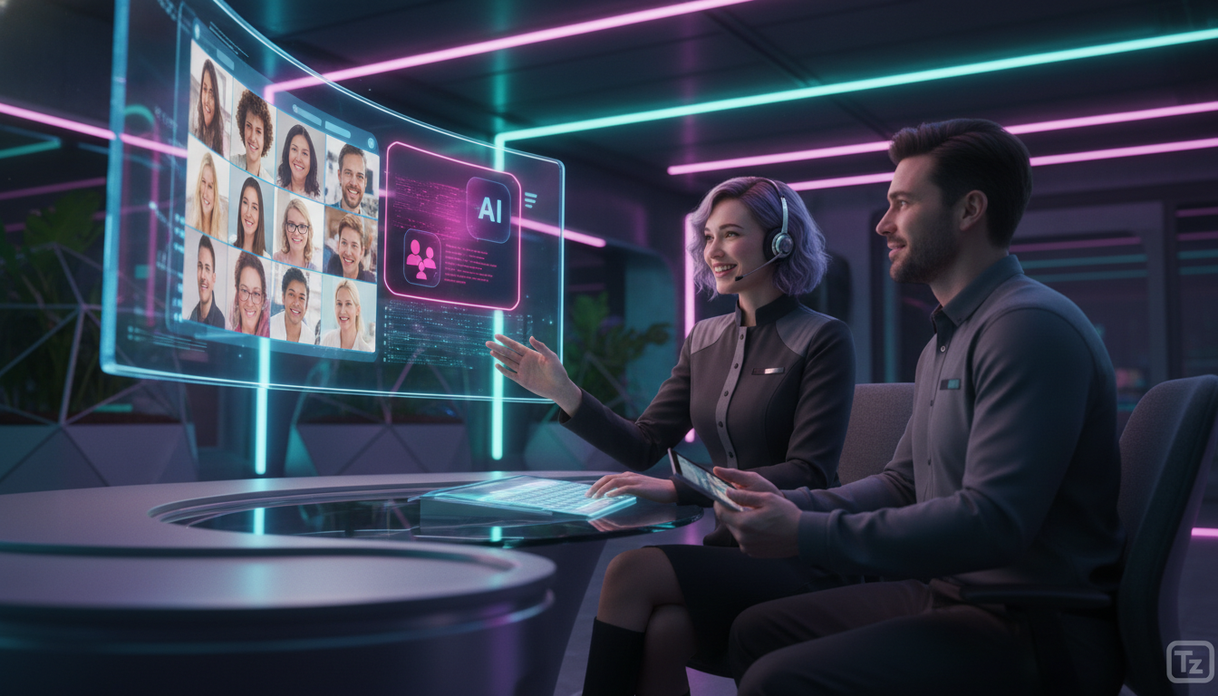 Tendências futuras de Agentes IA para Redes Sociais em 2026 — Um atendente de suporte ao cliente sorrindo e interagindo com um cliente através de um monitor. No canto superior direito da tela do monit