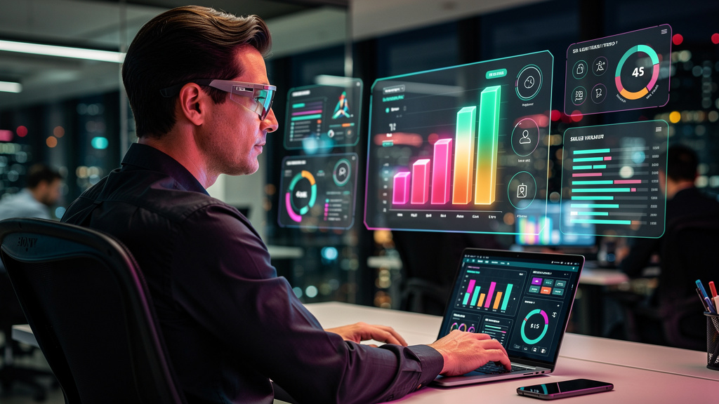 Tendências Futuras de Educação Corporativa para 2026 — Um funcionário usando óculos de realidade aumentada em um escritório moderno. Ele está interagindo com uma interface de aprendizado personalizada