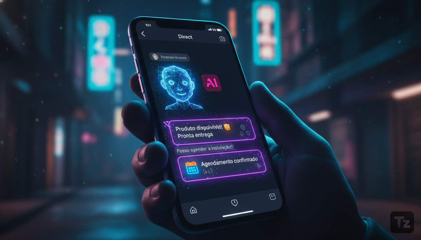 Tendências futuras de Meta Business Suite IA para 2026 — Close-up de um smartphone exibindo uma conversa no Instagram Direct. Um agente de IA com avatar amigável responde instantaneamente a uma pergun
