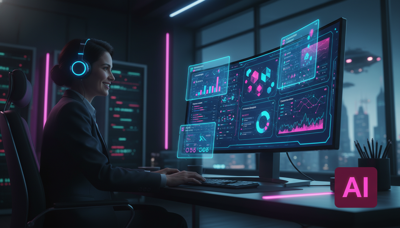 Tendências futuras de Meta Business Suite IA para 2026 — Um profissional de marketing sorrindo, em um escritório iluminado, usando um headset e olhando para um monitor grande que exibe o Meta Business