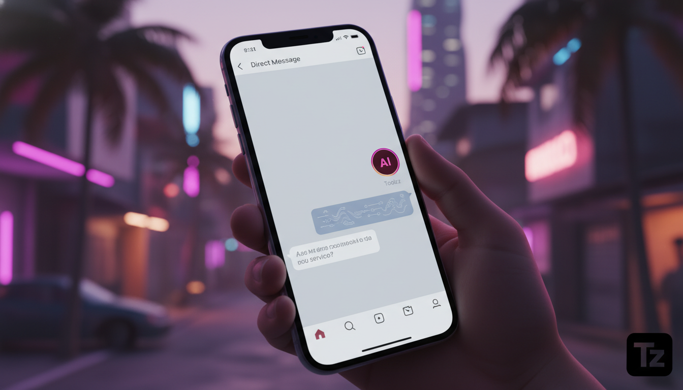 Tendências globais de Automação da API Instagram chegando ao Brasil — Um close-up de uma tela de smartphone mostrando uma conversa no direct do Instagram. Um chatbot da Toolzz AI responde automaticame