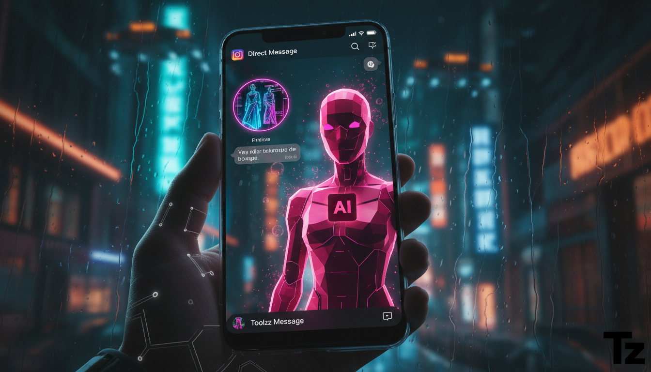 Tendências globais de Instagram Commerce IA chegando ao Brasil — Uma tela de smartphone mostrando uma conversa no direct do Instagram. De um lado, a foto de perfil de uma loja de roupas e, do outro, u