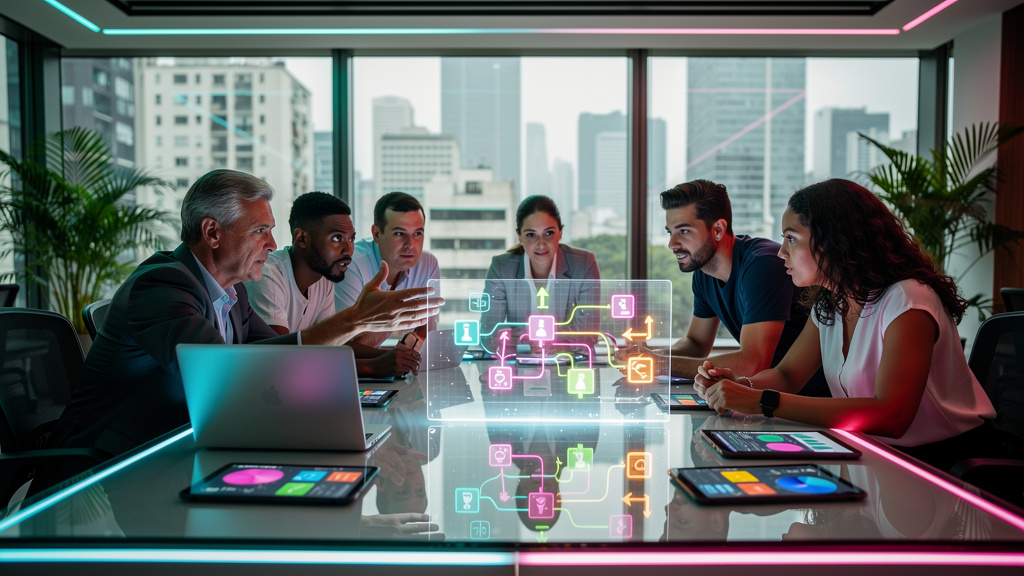 Tendências globais de Marketing de Conteúdo chegando ao Brasil — Um escritório moderno e iluminado, com uma equipe diversificada reunida em torno de uma mesa. No centro da mesa, um holograma projeta u