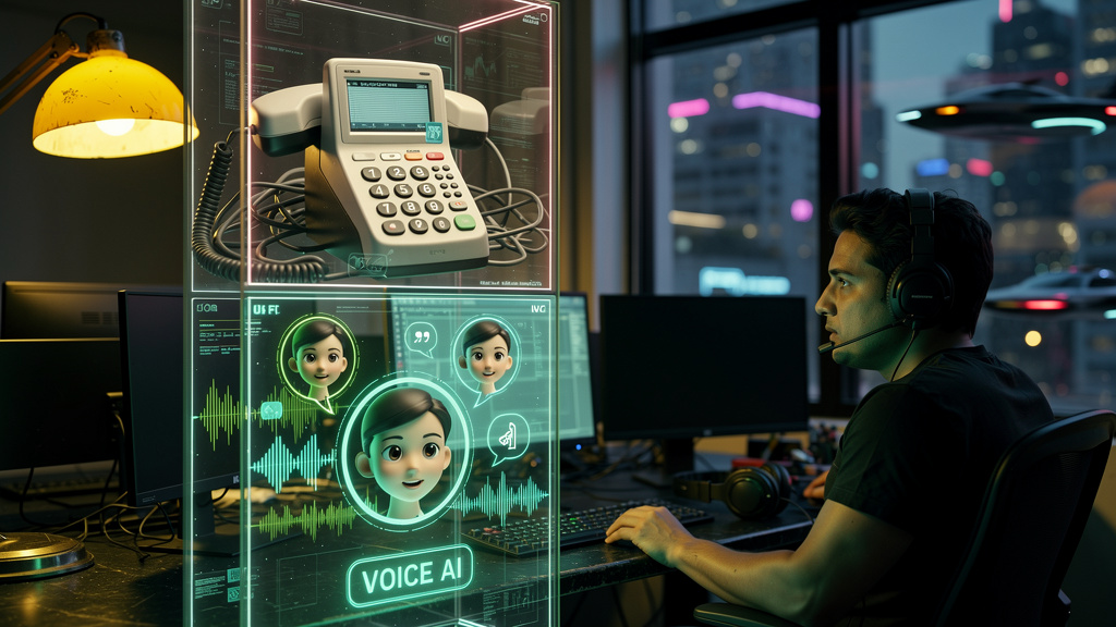 Tendências globais de Voice AI chegando ao Brasil — Um fluxograma vertical mostrando a evolução do atendimento ao cliente: no topo, um IVR antigo com interface confusa e botões grandes; abaixo, uma in