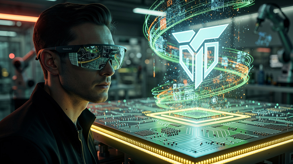 Terafab: A Revolução da IA em Chips e o Impacto nos Negócios — Um engenheiro de software, com óculos de realidade aumentada, visualiza um fluxo de dados complexo sobreposto a um chip de silício gigant