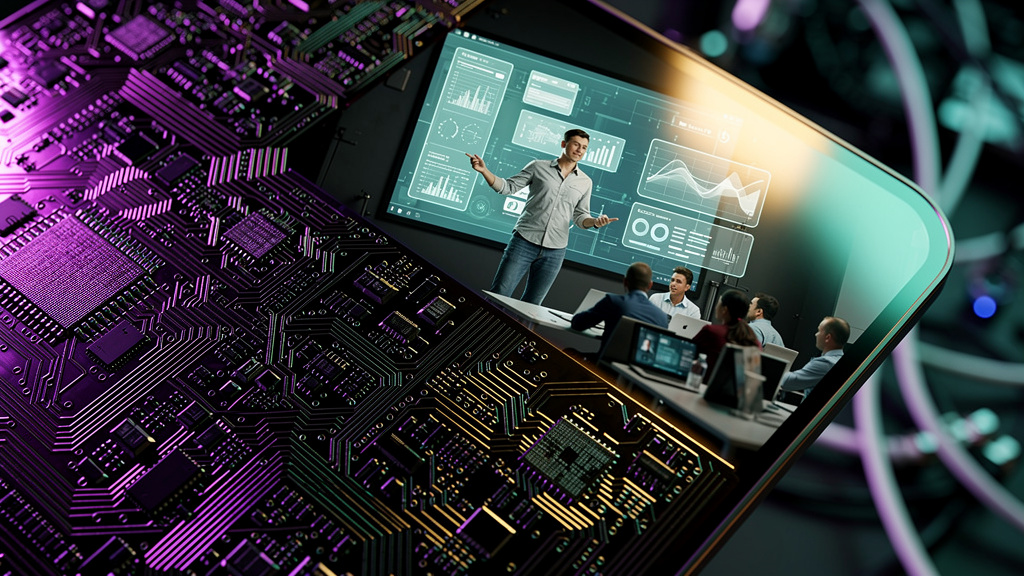 Terafab da Tesla: Como a Revolução dos Chips Impulsiona a Educação Corporativa — Um close-up extremo de um wafer de silício com microchips, com a luz incidindo em um ângulo que revela a intrincada arq