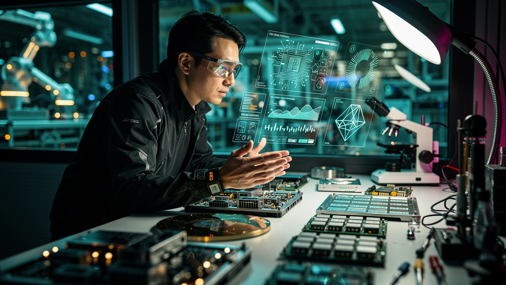 Terafab da Tesla: O Que Significa para a IA e o Futuro do Treinamento? — Um engenheiro de hardware trabalhando em uma bancada repleta de chips de IA avançados. O engenheiro está usando óculos de reali