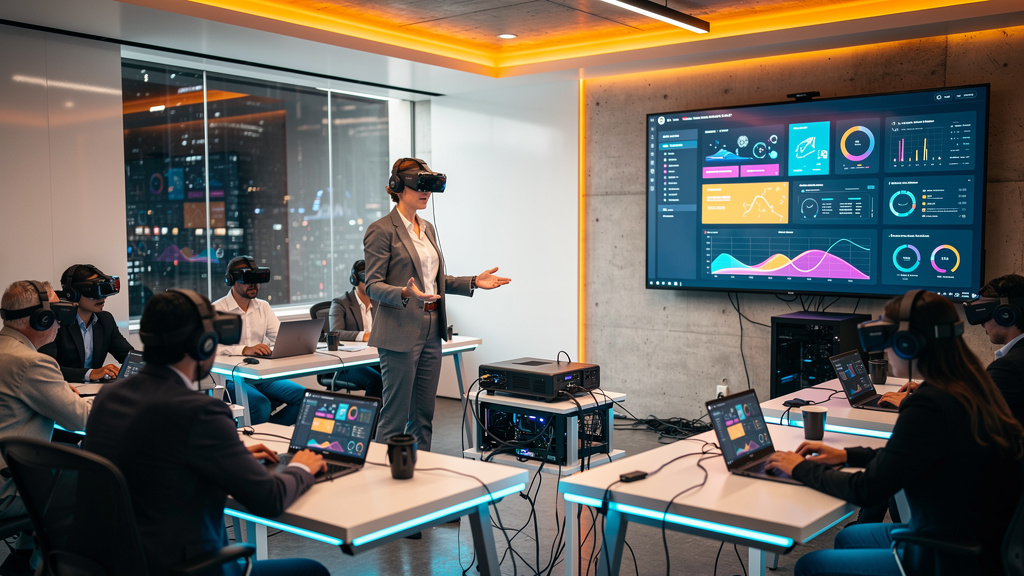 Terafab e a Revolução da IA: O Impacto no Treinamento Empresarial — Um instrutor usando óculos de realidade virtual em uma sala de aula moderna. A sala está cheia de funcionários de diferentes idades 
