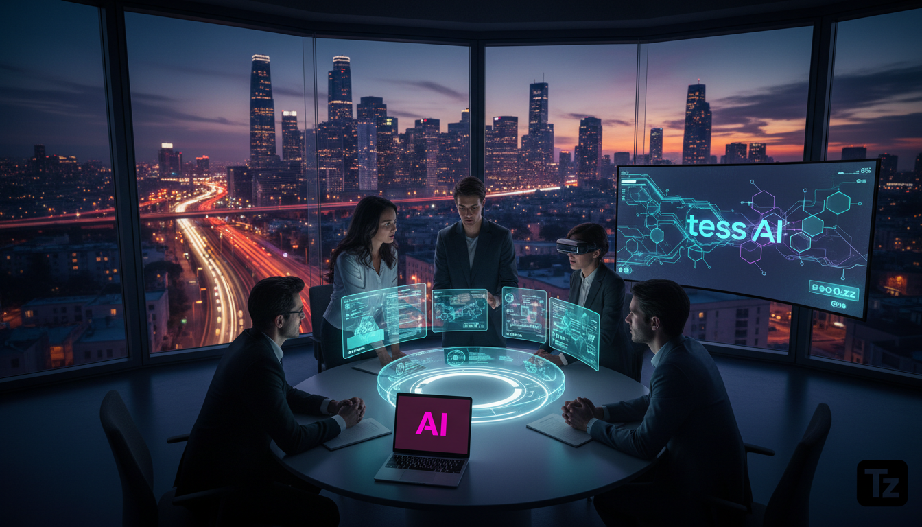 Tess AI: A Ascensão dos Agentes de IA e o Futuro do Trabalho — Um close-up de um escritório moderno no Vale do Silício, com grandes janelas mostrando a paisagem urbana ao fundo. Dentro, uma equipe div
