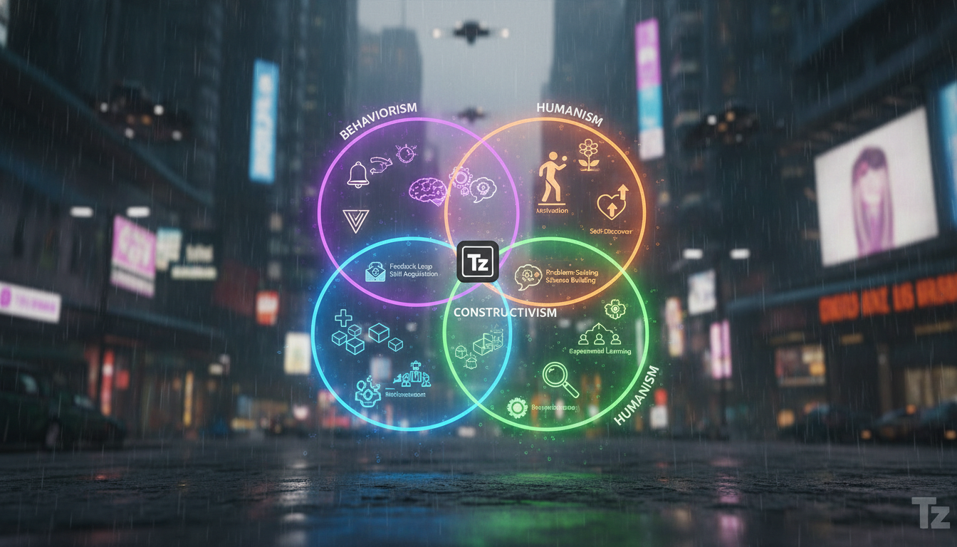 Tipos de Teorias de Aprendizagem: Um Guia Completo — Um diagrama de Venn colorido e interativo, mostrando a sobreposição entre os princípios do behaviorismo, cognitivismo, construtivismo e humanismo. 