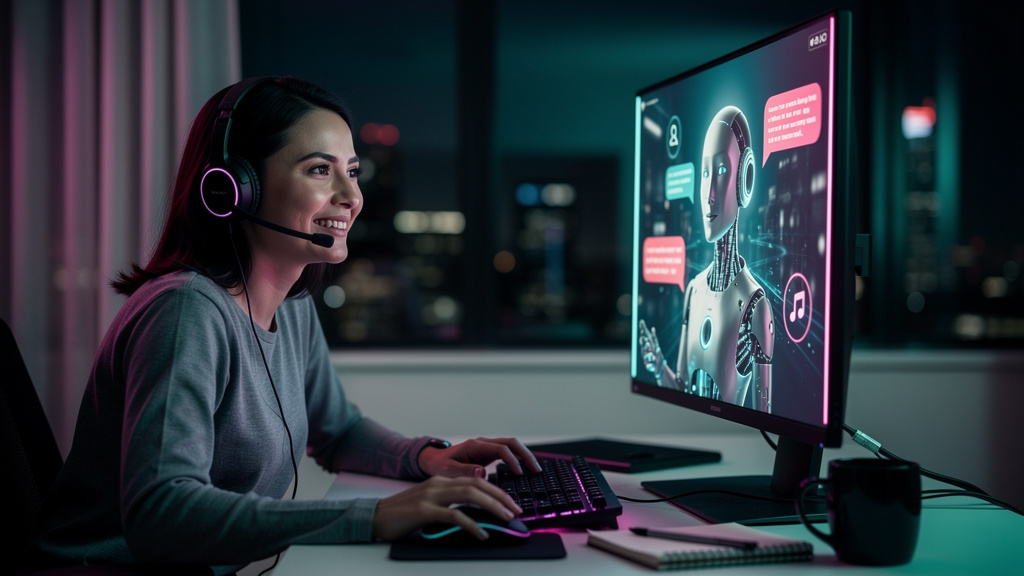 Tools de IA: Guia Completo para Empresas Modernas — Um atendente de suporte ao cliente sorrindo enquanto interage com um cliente através de um chatbot. A interface do chatbot é exibida em uma tela ao 