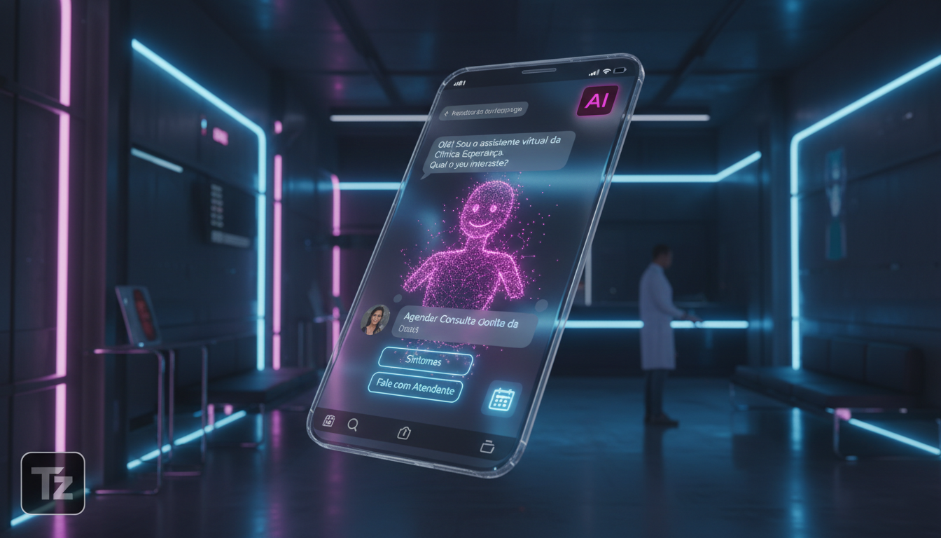 Toolzz: 7 Estratégias de Automação com IA no Instagram para Clínicas em 2026 — Um agente de IA da Toolzz, visualizado como uma representação gráfica amigável (não um robô literal), interage com um pot