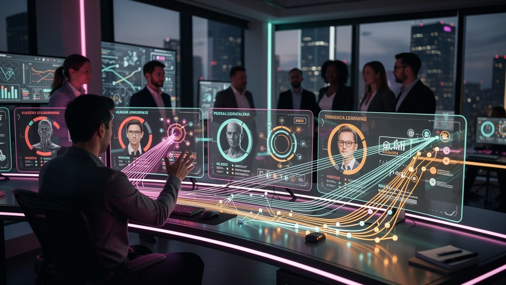 Toolzz: 7 Estratégias de Educação Corporativa para Escalabilidade em 2026 — Um painel de controle de IA estilizado, mostrando trilhas de aprendizado personalizadas para diferentes funcionários. Cada t