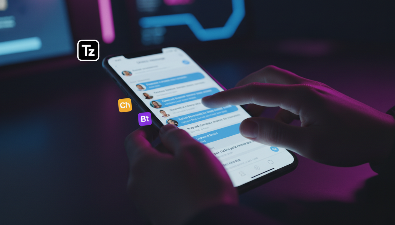 Toolzz: 7 Estratégias para Central de Atendimento Omnichannel com Instagram em 2 — Close-up das mãos de uma pessoa digitando rapidamente em um smartphone. Na tela do smartphone, a interface do Instagr