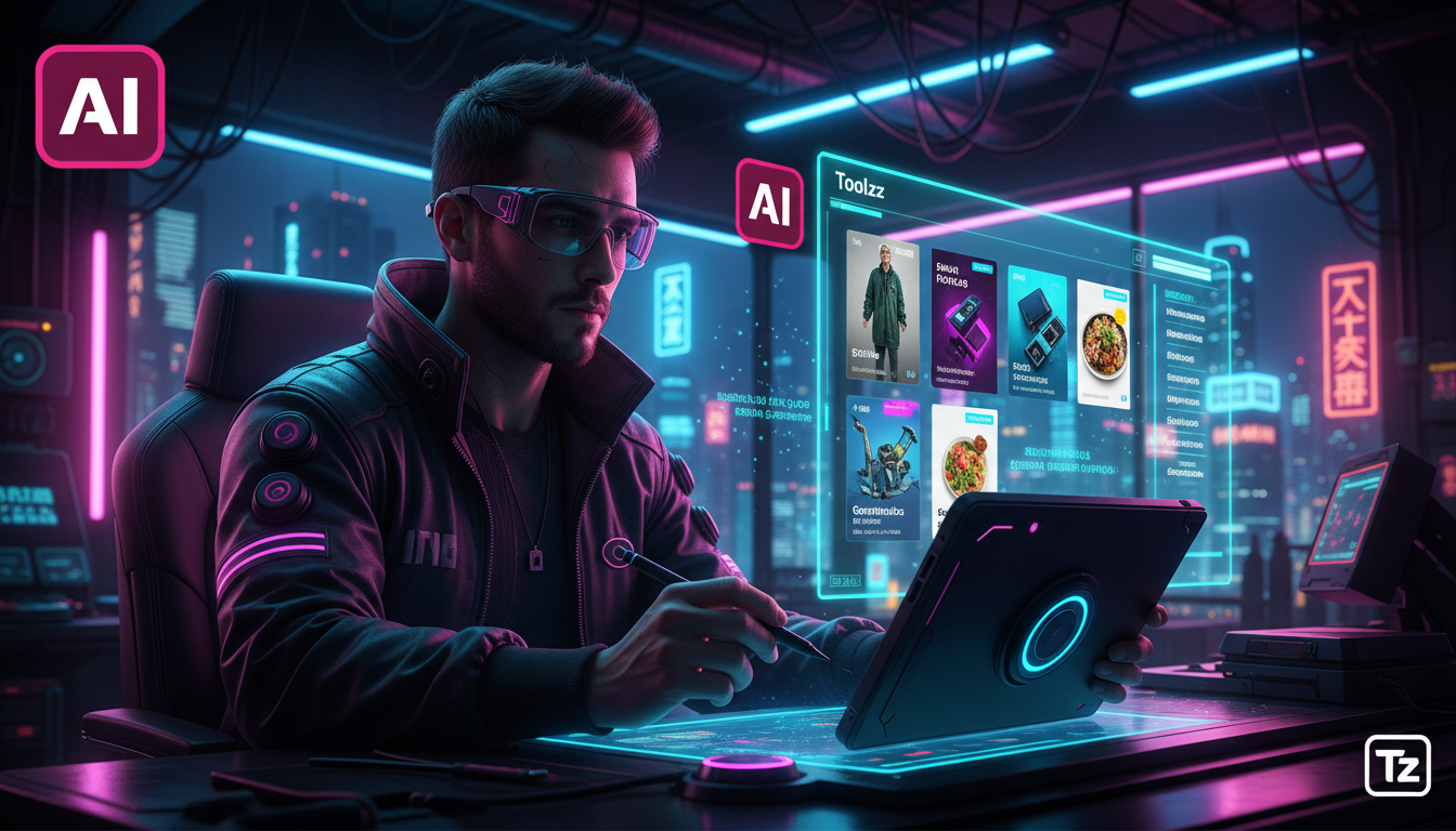 Toolzz: 7 estratégias para escalar vendas no Instagram em 2026 — Um designer gráfico utilizando uma interface de IA generativa da Toolzz em seu tablet para criar rapidamente diversas variações de post