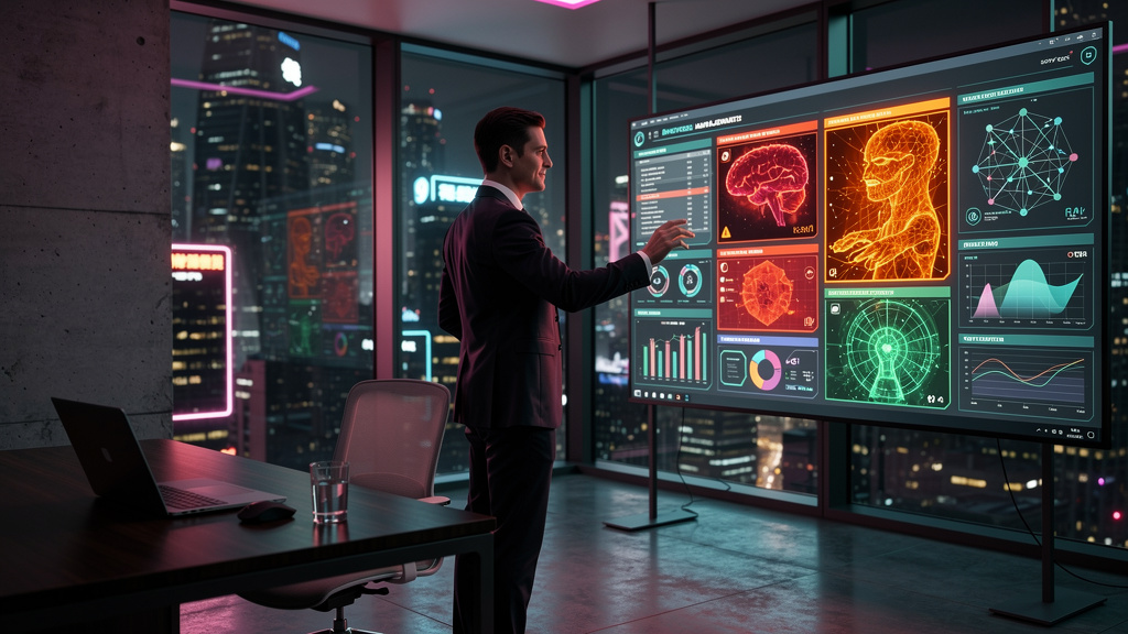 Toolzz: 7 passos para fluxos de aprovação humana em IA em 2026 — Um executivo de terno e gravata, em um escritório moderno com amplas janelas e vista para a cidade, analisando em um grande monitor tou