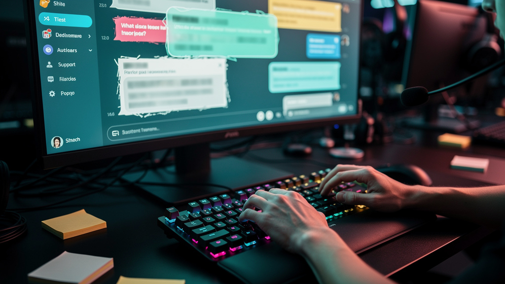 Toolzz: 7 passos para sua transferência IA-humano em 2026 — Close-up das mãos de um agente de suporte digitando em um teclado, com um monitor ao fundo mostrando um chatbot da Toolzz lutando para enten