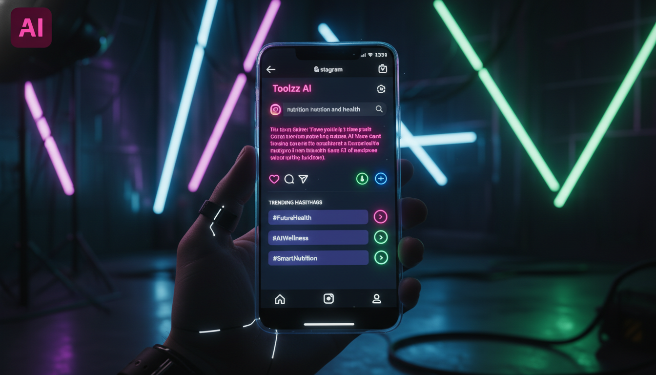 Toolzz: 7 Tendências de Automação Instagram para 2026 — Um close-up de um smartphone mostrando uma legenda de postagem do Instagram sendo gerada por IA. A interface do aplicativo Toolzz AI é visível, 