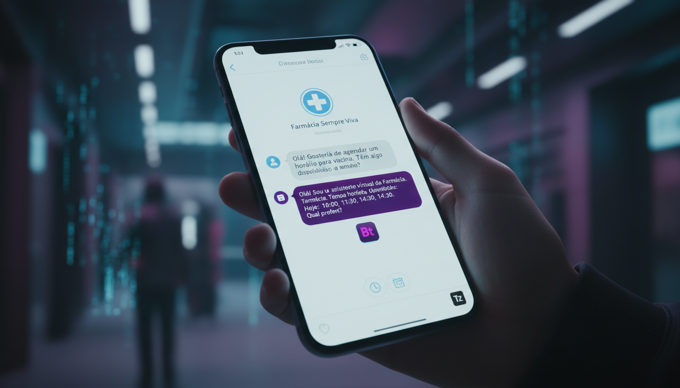 Toolzz: 7 Vantagens do Agendamento via Instagram com IA em 2026 — Close-up de uma mão segurando um smartphone. Na tela do Instagram, uma conversa de DM com uma farmácia. A mensagem do cliente é uma pe