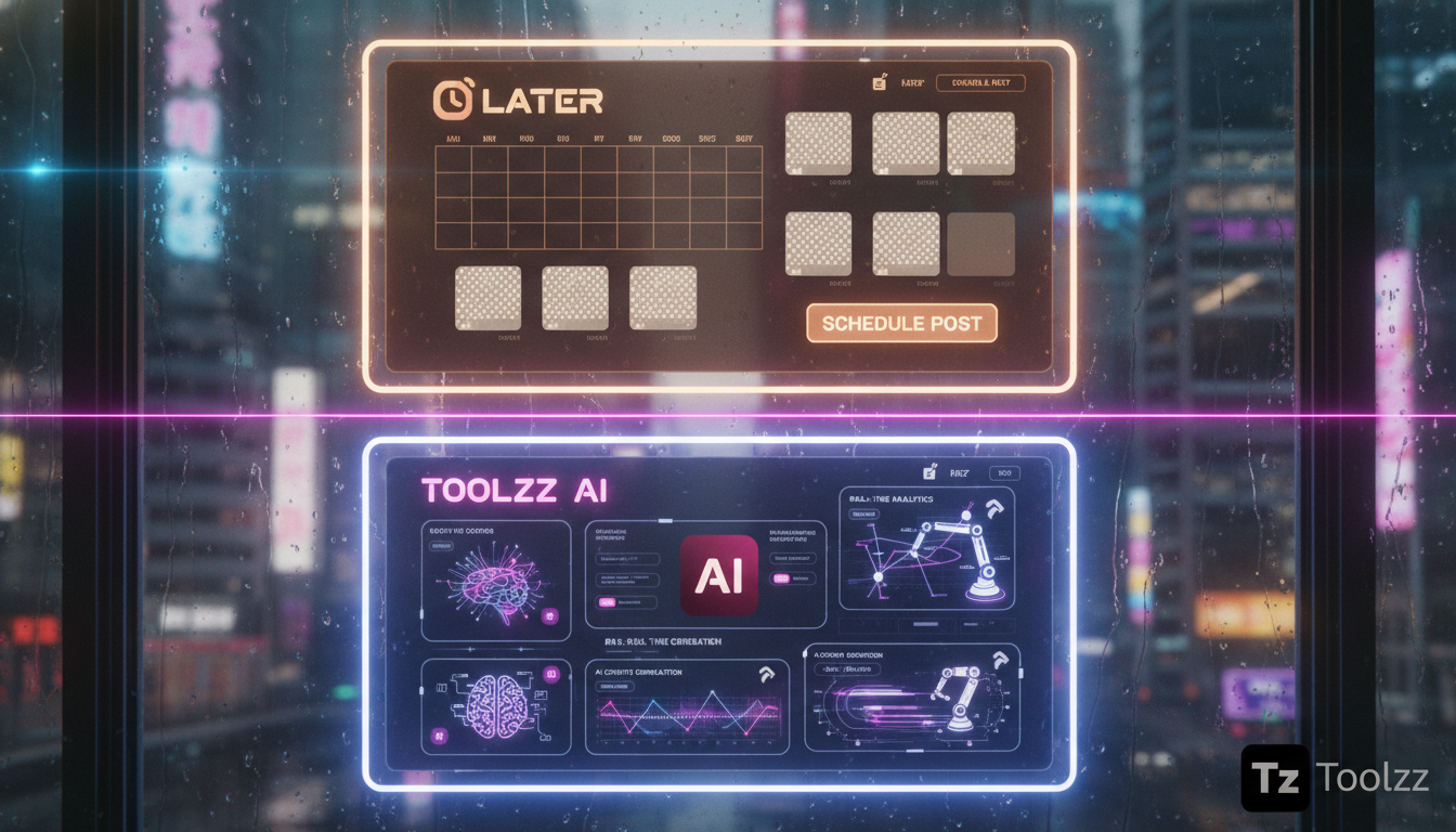 Toolzz: 7 Vantagens do Agente IA para Social Media em 2026 — Infográfico comparando a Toolzz AI com ferramentas tradicionais como Later. No bloco superior, destacar Later com agendamento básico e inte