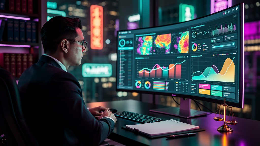 Toolzz: a Busca Zero Click mais inteligente e avançada — Um advogado utilizando um software com a interface da Toolzz exibida em um monitor ultrawide. O software mostra uma análise de palavras-chave e