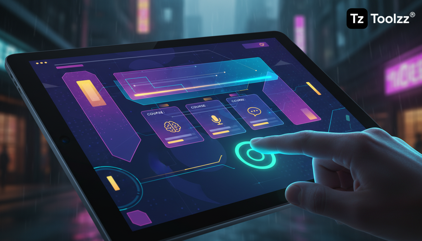 Toolzz: A ferramenta ideal para Checkout Integrado em LXP em 2026 — Close-up de um tablet mostrando uma interface de LXP com um processo de checkout integrado e simplificado. Um dedo está prestes a to