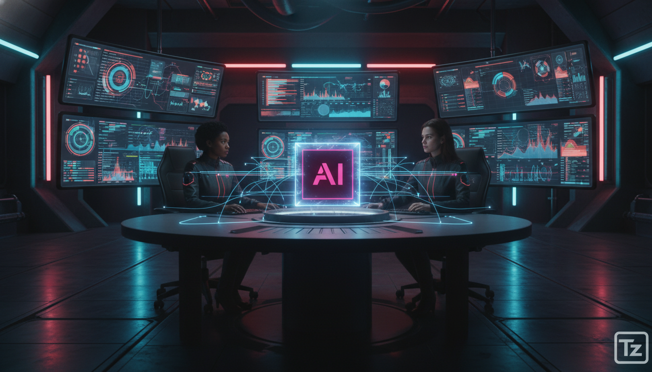 Toolzz: a IA mais inteligente e avançada — Uma mesa de controle de missão espacial com diversos monitores exibindo dados e gráficos complexos de redes sociais. Uma equipe diversificada de especialista