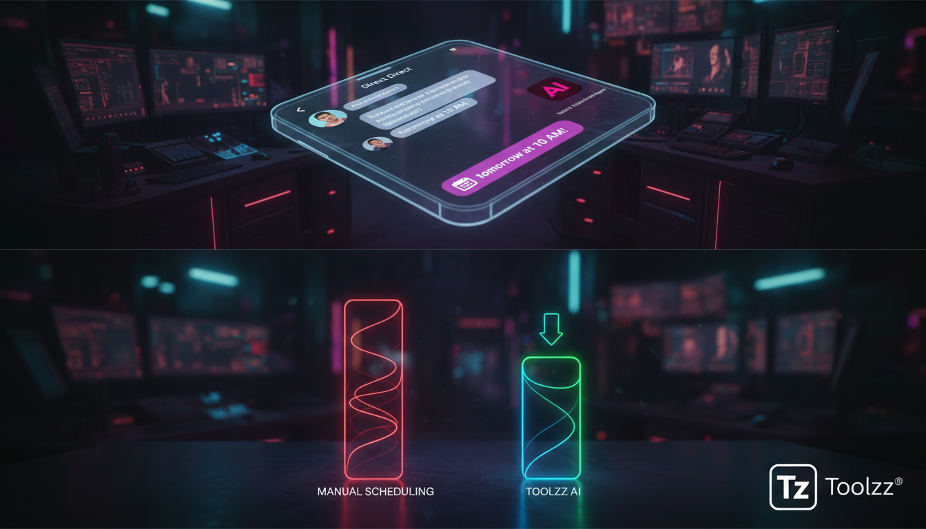 Toolzz: a mais moderna plataforma de Agendamento IA — Um infográfico dividido em duas partes para carrossel no Instagram. Parte superior: captura de tela simulada de um Direct do Instagram, mostrando 