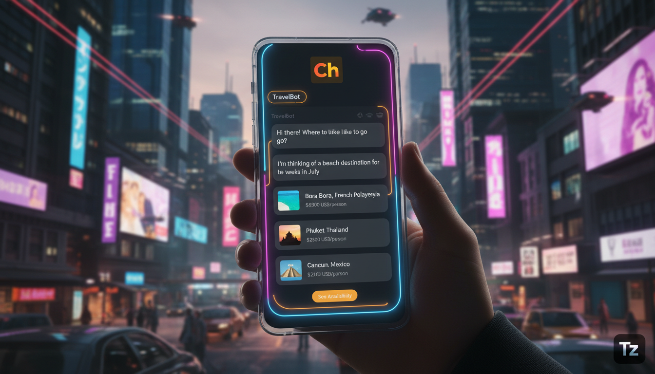 Toolzz: a mais moderna plataforma de Agente IA Social Media em 2026 — Close-up de um smartphone exibindo uma interface de chatbot com o logo da Toolzz, interagindo com um cliente que busca informações