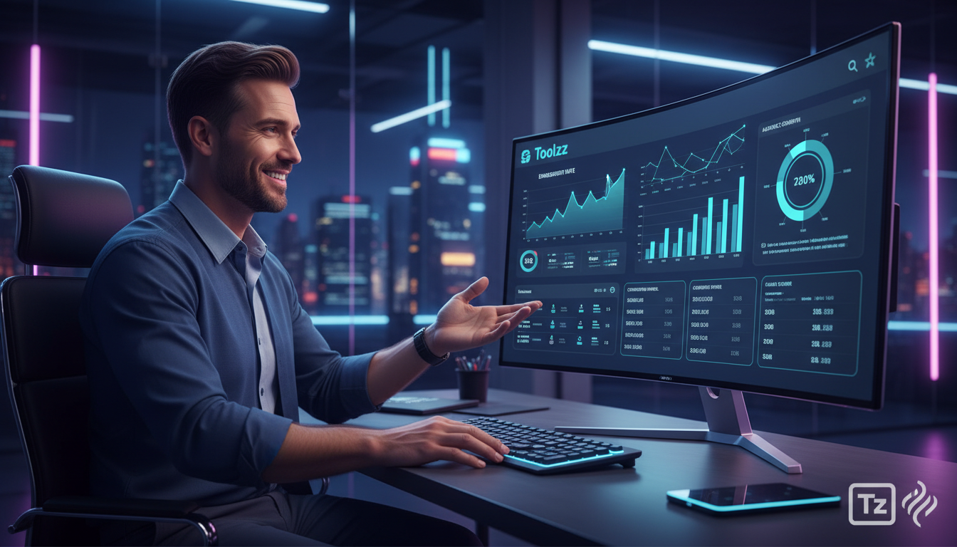 Toolzz: a mais moderna plataforma de automação Instagram em 2026 — Um profissional de marketing digital, em um escritório moderno e iluminado, sorri enquanto observa um painel de controle da Toolzz em