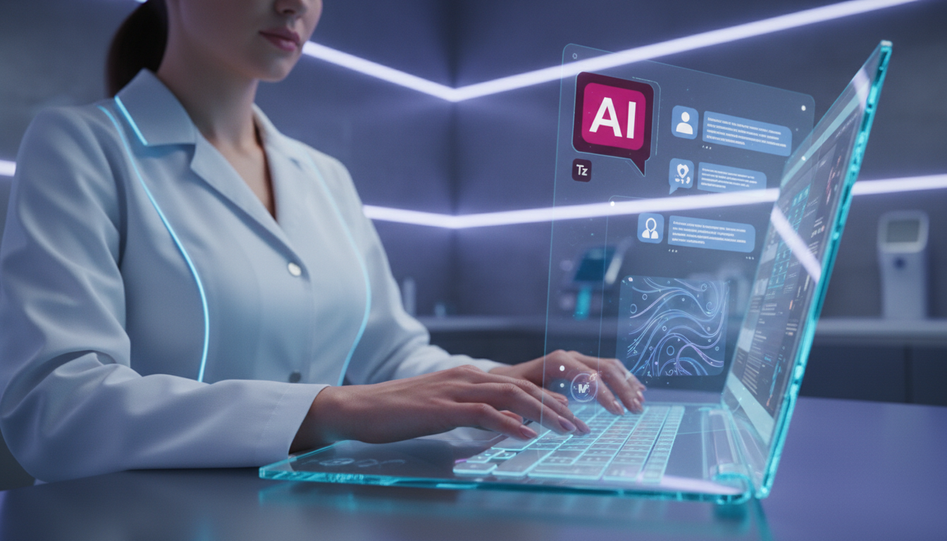 Toolzz: a mais moderna plataforma de IA para Instagram de clínicas — Um close-up das mãos de uma médica digitando em um laptop durante uma consulta online. O laptop exibe a interface de um chatbot da 